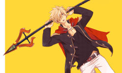 Rule 34 | 1boy, blonde hair, blue eyes, cape, collarbone, final fantasy, final fantasy type-0, hair over one eye, male focus, nakarai (marl25), nine (fft-0), open clothes, open mouth, polearm, scar, school uniform, simple background, solo, spear, weapon, yellow background