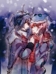 Rule 34 | 2girls, :o, arknights, blue eyes, blue hair, blue poison (arknights), blush, christmas, closed mouth, e-fa-dorn, earmuffs, eye contact, fake antlers, glaucus (arknights), hand in pocket, hat, highres, hood, hood down, hooded jacket, jacket, long sleeves, looking at another, low twintails, multiple girls, pink hair, santa hat, scarf, snowing, source request, twintails, yuri