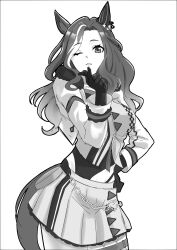 Rule 34 | 1girl, absurdres, animal ears, commentary, daring heart (umamusume), ear covers, greyscale, highres, horse ears, horse girl, long hair, looking at viewer, monochrome, multicolored hair, one eye closed, senchan 7, simple background, single ear cover, solo, streaked hair, symbol-only commentary, umamusume, white background, white hair