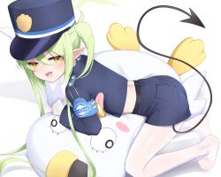 Rule 34 | 1girl, absurdres, all fours, armband, back, barefoot, blue archive, child, demon tail, fang, goki buri, green hair, halo, hat, nozomi (blue archive), highres, long hair, pantyhose, peroro (blue archive), pointy ears, police, police uniform, policewoman, shorts, smile, solo, tail, twintails, uniform, white background, white pantyhose, yellow eyes