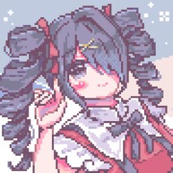 Rule 34 | 1girl, 4 74obake, ame-chan (needy girl overdose), black hair, black ribbon, closed mouth, collared shirt, drill hair, hair ornament, hair over one eye, hand up, highres, long hair, looking at viewer, neck ribbon, needy girl overdose, official alternate hairstyle, pixel art, red shirt, ribbon, shirt, smile, solo, twin drills, upper body, x hair ornament