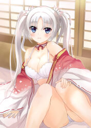 Rule 34 | 1girl, arm support, bare shoulders, blue eyes, blush, bra, breasts, cleavage, closed mouth, collarbone, commentary, detached collar, feet out of frame, frown, hand on own knee, highres, indoors, japanese clothes, kimono, knees together feet apart, large breasts, long hair, long sleeves, looking at viewer, nontraditional miko, nowa2109, open clothes, open kimono, panties, parted bangs, ribbon-trimmed sleeves, ribbon trim, senren banka, shy, sitting, solo, thighs, tomotake yoshino, tsurime, twintails, underwear, very long hair, white bra, white hair, white kimono, white panties, wide sleeves