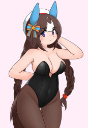 Rule 34 | 1girl, absurdres, alternate costume, animal ears, arm up, bare shoulders, black leotard, black pantyhose, blush, braid, breasts, brown hair, cleavage, commentary request, cowboy shot, ear covers, ear ornament, gradient background, highleg, highleg leotard, highres, hokko tarumae (umamusume), horse ears, horse girl, horse tail, large breasts, leotard, long hair, low twin braids, mintia1911, multicolored hair, nontraditional playboy bunny, pantyhose, solo, strapless, strapless leotard, streaked hair, tail, twin braids, umamusume, very long hair, white hair
