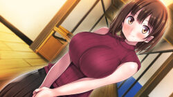 Rule 34 | 1girl, blush, breasts, brown hair, closed mouth, dutch angle, earrings, eyebrows hidden by hair, feet out of frame, female focus, happy, highres, indoors, jewelry, large breasts, looking at viewer, medium hair, ore ga hitozuma to yatta hanashi - oretsuma -, original, shise (agepan), skirt, sleeveless, sleeveless turtleneck, smile, solo, standing, sweater, turtleneck, turtleneck sweater, wooden floor, yellow eyes
