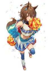 Rule 34 | absurdres, agnes tachyon (umamusume), ahoge, alternate costume, animal ears, artist logo, artist name, blue jacket, blue thighhighs, breasts, brown hair, cheerleader, confetti, crop top, earrings, full body, hand on own hip, hand up, highres, holding, holding pom poms, horse ears, horse girl, horse tail, jacket, jewelry, leg warmers, long sleeves, looking at viewer, medium hair, navel, partially unzipped, pom pom (cheerleading), pom poms, red hair, shirt, shoes, simple background, single earring, skirt, sleeveless, sleeveless shirt, small breasts, sneakers, standing, standing on one leg, tail, thighhighs, tongue, tongue out, turtleneck, umamusume, white background, yanyo (ogino atsuki)