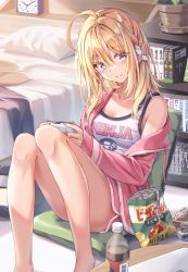 Rule 34 | 1girl, absurdres, ahoge, alarm clock, bag of chips, bare legs, bed, blonde hair, blue eyes, blush, bookshelf, braid, breasts, cleavage, clock, collarbone, commentary request, controller, dolphin shorts, drawstring, feet out of frame, game controller, hair between eyes, hair ornament, head tilt, highres, holding, holding controller, holding game controller, indoors, jacket, long hair, morigami (morigami no yashiro), off shoulder, open clothes, open jacket, original, pillow, pink jacket, pink shorts, plant, potted plant, second-party source, shorts, sidelocks, sitting, sleeves past wrists, small breasts, smile, soda, solo, tank top, text print