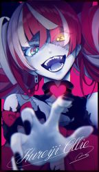 Rule 34 | 1girl, black nails, blue eyes, blush, character name, commentary request, fangs, fingernails, heart, heterochromia, highres, hololive, hololive indonesia, kureiji ollie, long hair, looking at viewer, multicolored hair, nail polish, open mouth, pale skin, pink hair, scar, smile, solo, stitched face, stitched torso, stitches, teeth, touya kotonari, twintails, two-tone hair, virtual youtuber, white hair, yellow eyes, zombie