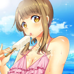Rule 34 | 1girl, bikini, blunt bangs, breasts, brown hair, cloud, day, dripping, eating, food, food on body, frilled bikini, frills, highres, ice cream, kannagi shiori, lens flare, long hair, looking at viewer, medium breasts, pink bikini, pinky out, school girl strikers, sendou hachi, sky, solo, sparkle, sweat, swimsuit, tongue, tongue out, upper body, yellow eyes
