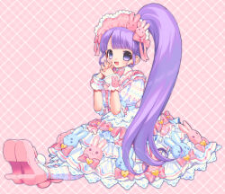 Rule 34 | 1girl, absurdres, blunt bangs, blush, bow, bowtie, collared dress, dress, frilled dress, frills, full body, hair ornament, hairband, highres, lace, lace-trimmed dress, lace trim, lolita fashion, lolita hairband, long hair, manaka non, open mouth, own hands clasped, own hands together, pantyhose, parted bangs, ponytail, pretty series, pripara, puffy short sleeves, puffy sleeves, purple eyes, purple hair, rabbit, rabbit hair ornament, shoe soles, short sleeves, sitting, smile, solo, sweet lolita, very long hair, wrist cuffs, yuiitsu