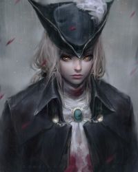 Rule 34 | 1girl, ascot, bloodborne, dark, guweiz, hat, lady maria of the astral clocktower, long hair, looking at viewer, ponytail, solo, the old hunters, white hair, yellow eyes