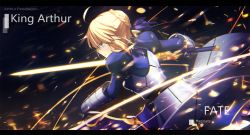 Rule 34 | 1girl, ahoge, armor, artist name, artoria pendragon (all), artoria pendragon (fate), blonde hair, blue dress, braid, braided bun, breastplate, character name, copyright name, dress, excalibur (fate/stay night), fate/stay night, fate (series), french braid, from side, gauntlets, glowing, glowing sword, glowing weapon, green eyes, hair bun, highres, holding, holding sword, holding weapon, juliet sleeves, letterboxed, long sleeves, magicians (zhkahogigzkh), puffy sleeves, saber (fate), short hair with long locks, sidelocks, single hair bun, solo, sparks, sword, weapon