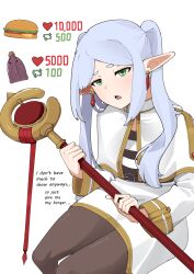 Rule 34 | 1girl, absurdres, black pantyhose, black shirt, burger, capelet, earrings, elf, english text, feeq, food, frieren, gold trim, green eyes, high collar, highres, jacket, jewelry, long hair, mage staff, meme, pantyhose, parted bangs, pointy ears, potion, shirt, shirt tucked in, simple background, skirt, sousou no frieren, striped clothes, striped shirt, twintails, twitter strip game (meme), white background, white capelet, white hair, white jacket, white shirt, white skirt