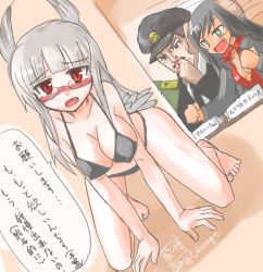 Rule 34 | + +, 2girls, :d, all fours, animal ears, bikini, bird tail, black bikini, black hair, blood, blush, breasts, cleavage, covered erect nipples, dog ears, fang, federica n. doglio, gaijin 4koma (meme), green eyes, head wings, heidimarie w. schnaufer, higezamurai (kurage gunsou), large breasts, long hair, looking at viewer, meme, military, military uniform, msgtkurage, multiple girls, nosebleed, open clothes, open mouth, open shirt, red eyes, shirt, silver hair, smile, strike witches, strike witches: kurenai no majo-tachi, swimsuit, tail, translation request, trevor maloney, twitter username, uniform, wings, world witches series