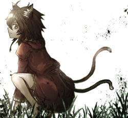 Rule 34 | 1girl, ahoge, animal ear fluff, animal ears, barefoot, bright pupils, brown eyes, brown hair, cat ears, cat tail, chen, closed mouth, commentary request, denpa rasaito, full body, grass, hair between eyes, highres, long bangs, long sleeves, looking at viewer, looking to the side, multiple tails, one-hour drawing challenge, profile, red shirt, red skirt, shirt, short hair, skirt, smile, solo, squatting, tail, touhou, two tails, white background, white pupils