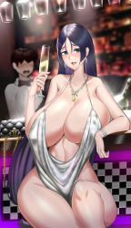 Rule 34 | 1boy, 1girl, absurdres, alcohol, azur lane, backless dress, backless outfit, bar (place), bare shoulders, blush, bottle, bow, bowtie, bracelet, breasts, brown hair, champagne flute, chinese commentary, cleavage, collared shirt, cosplay, cup, dress, drinking glass, earrings, evening gown, fate/grand order, fate (series), grey dress, halter dress, halterneck, highres, holding, holding cup, huge breasts, jewelry, long hair, low-tied long hair, minamoto no raikou (fate), nail polish, necklace, open mouth, parted bangs, plunging neckline, purple eyes, purple hair, revealing clothes, shirt, short hair, sidelocks, silver dress, sitting, st. louis (azur lane), st. louis (azur lane) (cosplay), st. louis (luxurious wheels) (azur lane), thighs, uh weird, very long hair, white shirt