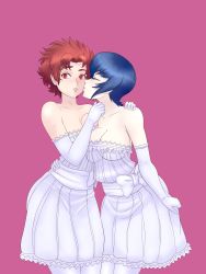 Rule 34 | 2girls, absurdres, alternate hair color, bare shoulders, blue hair, blush, breasts, bride, kissing cheek, commission, commissioner upload, dress, elbow gloves, closed eyes, female focus, fire emblem, fire emblem awakening, gloves, hand on another&#039;s shoulder, highres, incest, jewelry, kiss, kjelle (fire emblem), m-a-v-e-r-i-c-k, medium breasts, mother and daughter, multiple girls, nintendo, non-web source, pantyhose, red eyes, red hair, ring, short hair, sully (fire emblem), wedding, wedding band, wedding dress, white gloves, white legwear, wife and wife, yuri
