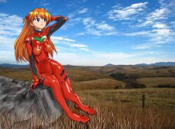 Rule 34 | 1girl, arm support, artist request, bodysuit, breasts, brown hair, curvy, full body, hair between eyes, hair ornament, hand in own hair, highres, long hair, looking up, medium breasts, nature, neon genesis evangelion, pilot suit, plugsuit, red bodysuit, simple background, sitting, skin tight, sky, smile, solo, souryuu asuka langley, two side up, wide hips