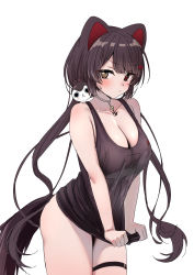 Rule 34 | 1girl, amuriha, animal ears, bare legs, bare shoulders, black tank top, blush, bottomless, breasts, cleavage, closed mouth, clothes pull, collar, covering privates, covering crotch, dog ears, embarrassed, flower, frown, hair flower, hair ornament, heterochromia, highres, inui toko, large breasts, long hair, looking at viewer, nijisanji, no panties, no pants, red flower, revealing clothes, shirt pull, shirt tug, simple background, tail, tank top, thigh strap, thighs, virtual youtuber, white background