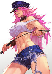 Rule 34 | 1girl, bangle, big hair, blue eyes, bracelet, breasts, capcom, collar, cowboy shot, crop top, cuffs, cutoffs, denim, denim shorts, final fight, from below, gradient background, handcuffs, hat, hungry clicker, jewelry, large breasts, leather collar, midriff, navel, peaked cap, pink hair, poison (final fight), riding crop, shorts, strap slip, street fighter, street fighter v, white background