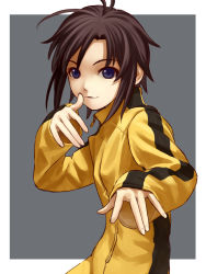 Rule 34 | 1girl, androgynous, antenna hair, black hair, blue eyes, border, bruce lee&#039;s jumpsuit, face, female focus, fighting stance, grey background, idolmaster, idolmaster (classic), jumpsuit, kikuchi makoto, nekopuchi, reverse trap, short hair, simple background, solo