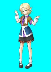 Rule 34 | 1girl, aqua background, arm warmers, arms up, black dress, black footwear, blonde hair, blush, breasts, brown jacket, closed mouth, commentary request, cookie (touhou), dress, full body, green eyes, highres, jacket, joker (cookie), layered clothes, looking at viewer, mary janes, mizuhashi parsee, multicolored clothes, multicolored jacket, parted bangs, pointy ears, sash, scarf, shoes, short hair, short sleeves, simple background, small breasts, smile, socks, solo, standing, touhou, white sash, white scarf, white socks, yuuto (chakokin)