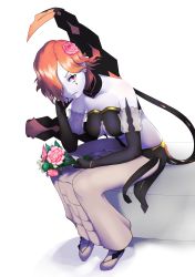 Rule 34 | absurdres, bare shoulders, bouquet, colored skin, dress, eye markings, fire emblem, fire emblem: three houses, flower, hand on face, highres, kronya (fire emblem), lipstick, looking at viewer, makeup, nintendo, orange hair, pale skin, red eyes, rose, rype, sandals, short hair, sitting, tagme, tail, wedding dress, white background, white skin