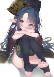 Rule 34 | 1girl, black headwear, black shirt, black thighhighs, blue hair, blush, character request, closed mouth, copyright request, crop top, detached sleeves, eip (pepai), feet, full body, grey eyes, hair ribbon, head tilt, highres, knees up, legs, long hair, looking at viewer, no pants, no shoes, parted bangs, peaceful smile, pointy ears, print headwear, ribbon, shirt, sitting, sleeveless, sleeveless shirt, smile, soles, solo, stirrup legwear, thighhighs, thighs, toeless legwear, toes, wide sleeves