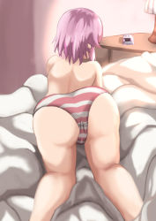 Rule 34 | 1girl, all fours, artist request, ass, back, bare back, bed, cameltoe, condom, condom box, from behind, highres, huge ass, lisbeth (sao), panties, pink hair, presenting, shiny skin, short hair, solo, striped clothes, striped panties, sword art online, thighs, top-down bottom-up, topless, underwear, underwear only