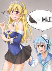 Rule 34 | 2girls, ^^^, anti (untea9), aqua neckwear, assisted exposure, black ribbon, black skirt, blonde hair, blue eyes, blue hair, blue sailor collar, blue shirt, breasts, brown eyes, cleavage, clothes lift, commentary request, dixie cup hat, double bun, female pervert, fletcher (kancolle), gradient background, grey background, hair bun, hair ornament, hairband, hat, hat ribbon, highres, implied pantyshot, kantai collection, large breasts, long hair, long sleeves, military hat, multiple girls, neckerchief, off shoulder, pervert, pleated skirt, ribbon, sailor collar, samuel b. roberts (kancolle), school uniform, serafuku, shirt, short hair, skirt, skirt lift, speech bubble, star (symbol), star hair ornament, white sailor collar, white shirt, yellow neckerchief