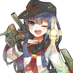 Rule 34 | 10s, 1girl, akatsuki (kancolle), black hair, blue eyes, hat, itomugi-kun, kantai collection, long hair, looking at viewer, machinery, one eye closed, open mouth, searchlight, simple background, sleeves past wrists, solo, turret