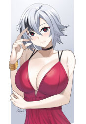 Rule 34 | 1girl, aori sora, arlecchino (genshin impact), bare arms, bare shoulders, black choker, black eyes, bracelet, breasts, choker, cleavage cutout, clothing cutout, collarbone, commentary, dress, genshin impact, grey hair, hair between eyes, hand up, head tilt, highres, jewelry, large breasts, looking at viewer, official alternate costume, red dress, short hair, sleeveless, sleeveless dress, smile, solo, upper body