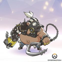 Rule 34 | 1boy, artist request, chain, chibi, copyright name, fat, fat man, full body, gas mask, grapnel, gun, lowres, male focus, mask, official art, overwatch, overwatch 1, roadhog (overwatch), solo, spikes, topless male, weapon, white hair, x navel