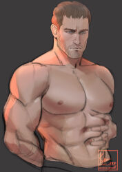 Rule 34 | 1boy, abs, absurdres, arm hair, bara, black hair, black pants, chris redfield, closed mouth, facial hair, grey background, highres, large pectorals, male focus, muscular, muscular male, navel, nipples, pants, pectorals, resident evil, resident evil village, robot sorcerer, short hair, simple background, solo, topless male, twitter username, upper body