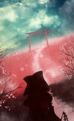 Rule 34 | 1girl, akyuun, bow, cloud, commentary, from behind, gohei, hair bow, hakurei reimu, highres, hill, long hair, path, road, scenery, silhouette, sky, solo, texture, torii, touhou, tree