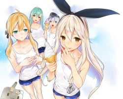 Rule 34 | 4girls, ama mitsuki, anchor hair ornament, blonde hair, bow, camisole, closed mouth, cutoffs, food, hair between eyes, hair bow, hair ornament, hairband, hairclip, hand to own mouth, hat, hibiki (kancolle), ice cream, ice cream cone, kantai collection, long hair, looking at viewer, multiple girls, open mouth, own hands together, parted bangs, prinz eugen (kancolle), rensouhou-chan, shimakaze (kancolle), short shorts, shorts, sidelocks, simple background, smile, suzuya (kancolle), tank top, twintails