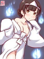Rule 34 | 1girl, alternate costume, artist logo, blunt bangs, braid, breasts, brown eyes, brown hair, cleavage, commentary request, cowboy shot, dated, double bun, ghost, grey background, hair bun, hitodama, japanese clothes, kanon (kurogane knights), kantai collection, kimono, long hair, looking at viewer, no panties, one-hour drawing challenge, simple background, solo, tareme, triangular headpiece, twin braids, un&#039;you (kancolle), white kimono, yawata maru (kancolle)