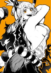 Rule 34 | 1girl, absurdres, arched back, armpits, arms up, back, bare arms, bare shoulders, breasts, club, club (weapon), cowboy shot, curled horns, earrings, eyebrows hidden by hair, from side, greyscale, greyscale with colored background, hakama, highres, holding, holding weapon, hoop earrings, horns, japanese clothes, jewelry, kanabou, kimono, large breasts, light blush, long hair, looking at viewer, monochrome, multicolored hair, multicolored horns, no bra, one piece, oni, open mouth, orange background, orange eyes, parted bangs, rope, shimenawa, sideboob, sidelocks, simple background, sleeveless, sleeveless kimono, smile, solo, spot color, twisted torso, v-shaped eyebrows, weapon, yamato (one piece), yotsumi shiro