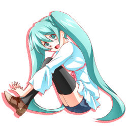 Rule 34 | 1girl, bad id, bad pixiv id, full body, green eyes, green hair, hatsune miku, long hair, matching hair/eyes, minato1026, open mouth, shoes, sitting, solo, thighhighs, twintails, very long hair, vocaloid, white background