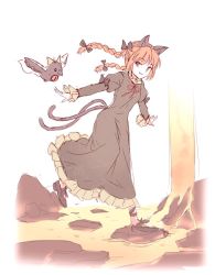 Rule 34 | 1girl, animal ears, beak, bird, black bow, black dress, black footwear, black wings, bow, braid, cat ears, cat tail, dress, extra ears, feathered wings, flying, hair bow, kaenbyou rin, minust, lava, multiple tails, outstretched arms, red eyes, red hair, reiuji utsuho, reiuji utsuho (bird), shoes, sketch, tail, touhou, twin braids, two tails, wings