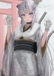 Rule 34 | 1girl, absurdres, animal ears, black choker, blue eyes, choker, claw pose, fang, floral print, fur trim, gloves, hands up, highres, japanese clothes, kimono, looking at viewer, medium hair, multicolored hair, obi, open mouth, original, print kimono, sash, sidelocks, skin fang, solo, streaked hair, sword, tail, tanshio, torii, two-tone hair, weapon, weapon on back, white hair, wide sleeves