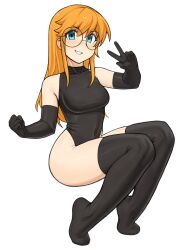 Rule 34 | 1girl, absurdres, black gloves, black leotard, black thighhighs, blue eyes, breasts, collared leotard, commentary, commission, covered navel, elbow gloves, freckles, full body, glasses, gloves, highres, leotard, long hair, original, red hair, round eyewear, simple background, smile, solo, strapless, strapless leotard, thighhighs, v, white background, yirtios