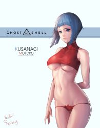 Rule 34 | 1girl, absurdres, arm behind back, artist name, bare shoulders, blue eyes, blue hair, blunt bangs, bob cut, breasts, c.honey, character name, closed mouth, collarbone, commentary, copyright name, covered erect nipples, cowboy shot, crop top, dated, eyelashes, ghost in the shell, ghost in the shell arise, ghost in the shell stand alone complex, groin, highres, kusanagi motoko, legs together, lips, looking at viewer, lowleg, lowleg panties, medium breasts, midriff, navel, nose, panties, pink lips, red panties, short hair, sleeveless, solo, stomach, turtleneck, underboob, underwear