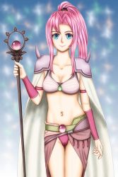 Rule 34 | 1girl, armor, artist request, belt, blue eyes, bra, breasts, cameltoe, cape, cleavage, cloak, closed mouth, collarbone, crystal, facing viewer, final fantasy, final fantasy iv, final fantasy iv: the after years, hair tie, hand up, happy, high ponytail, holding, holding staff, holding weapon, long hair, looking at viewer, medium breasts, midriff, navel, orb, panties, pauldrons, pink hair, pink panties, ponytail, porom, shoulder armor, skirt, smile, solo, spiked pauldrons, spikes, sports bra, staff, staff (weapon), standing, underwear, weapon, white cape, white cloak
