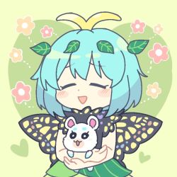 Rule 34 | 1girl, animal, antennae, aqua hair, blush, butterfly wings, closed eyes, dress, eternity larva, fairy, green dress, hair between eyes, insect wings, kaoling, leaf, leaf on head, multicolored clothes, multicolored dress, open mouth, short hair, short sleeves, smile, solo, touhou, upper body, wings