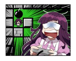 Rule 34 | 1girl, bandaged hand, bandages, bomb, bomberman, border, collared shirt, commentary, commentary request, controller, danganronpa (series), danganronpa 2: goodbye despair, dress shirt, emphasis lines, english commentary, explosive, furukawa (yomawari), game controller, hands up, highres, holding, holding controller, long hair, long sleeves, looking at viewer, messy hair, open mouth, pink shirt, puffy short sleeves, puffy sleeves, purple hair, shaded face, shirt, short sleeves, surprised, teeth, tsumiki mikan, upper body, upper teeth only, white border