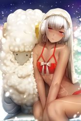 Rule 34 | 1girl, 1other, altera (fate), altera the santa (fate), bare shoulders, blush, bow, bra, breasts, commentary request, dark-skinned female, dark skin, earmuffs, fate/grand order, fate (series), ginhaha, half-closed eyes, looking at viewer, red bra, red eyes, sheep, short hair, small breasts, solo, solo focus, triangle mouth, underwear, veil, white hair
