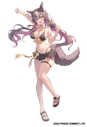 Rule 34 | 1girl, animal ear fluff, animal ears, arm up, bikini, black bikini, black footwear, bow, bow bikini, breasts, brown hair, chisaka airi, cleavage, clenched hand, collarbone, colored inner hair, copyright notice, fang, front-tie bikini top, front-tie top, full body, greenapple, hair bow, hair ornament, hairpin, hashtag-only commentary, highleg, highleg bikini, highres, multicolored hair, navel, open mouth, phase connect, pink hair, ribbon, skin fang, solo, swimsuit, tail, thigh strap, virtual youtuber, white hair, wolf ears, wolf girl, wolf tail, yellow bow, yellow eyes, yellow ribbon