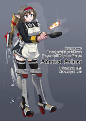 Rule 34 | 1girl, admiral scheer, apron, armor, bacon, bad id, bad pixiv id, blue eyes, breakfast, breasts, character name, cooking, cross, dakku (ogitsune), egg (food), food, fried egg, frying pan, greaves, grey hair, gun, hairband, iron cross, kriegsmarine, large breasts, military, military uniform, open mouth, original, oven mitts, personification, pointy ears, skirt, solo, thighhighs, uniform, weapon, zettai ryouiki