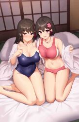 Rule 34 | 2girls, :d, absurdres, bare legs, barefoot, bikini, black hair, black one-piece swimsuit, blush, breast press, breasts, buruma, cleavage, closed mouth, collarbone, commentary request, covered navel, flower, futon, hair between eyes, hair flower, hair ornament, highres, indoors, japanese clothes, kimono, kneeling, large breasts, looking at viewer, multiple girls, navel, one-piece swimsuit, open mouth, original, pink bikini, sawada yuusuke, school swimsuit, smile, sports bikini, stomach, swimsuit, tatami, track uniform, white kimono