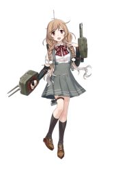 Rule 34 | 1girl, arm warmers, black socks, blouse, blush, bow, bowtie, braid, brown eyes, brown footwear, fujikawa, full body, gradient hair, kantai collection, kneehighs, light brown hair, long hair, machinery, minegumo (kancolle), multicolored hair, official art, open mouth, school uniform, shirt, shoes, short sleeves, skirt, smile, socks, solo, suspender skirt, suspenders, thigh strap, transparent background, turret, twin braids, twintails, white background, white shirt